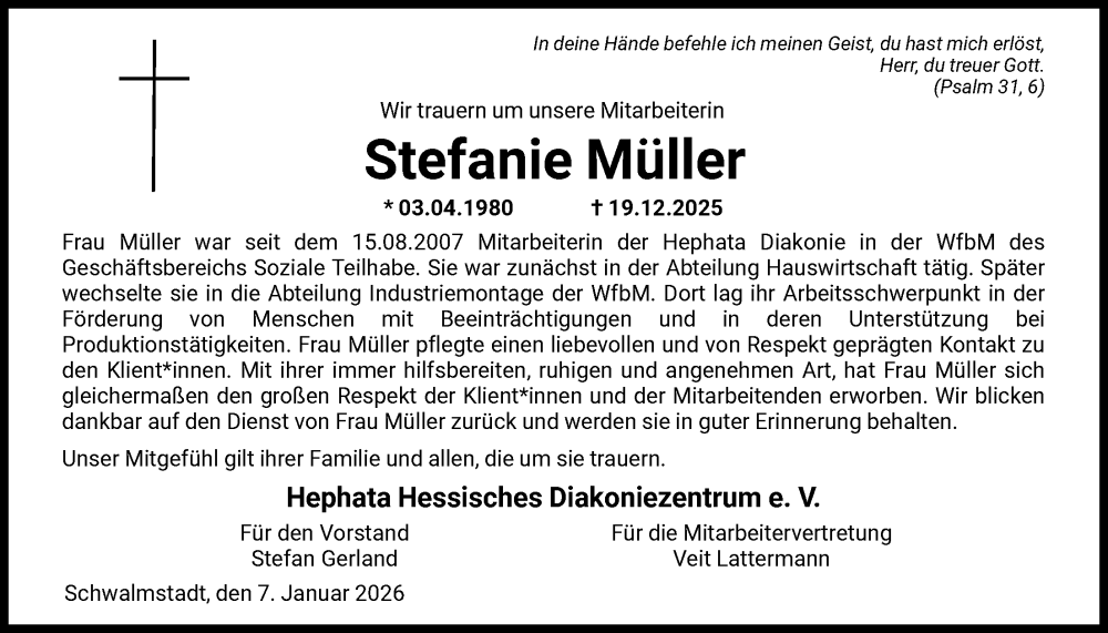  Traueranzeige für Stefanie Müller vom 07.01.2026 aus HNA