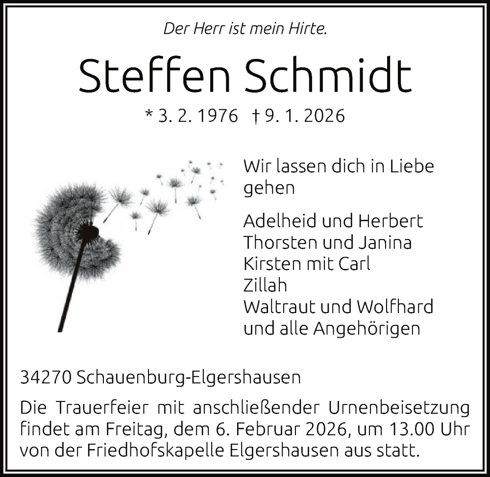 Traueranzeige für Steffen Schmidt vom 31.01.2026 aus HNA