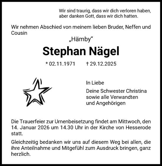 Traueranzeige von Stephan Nägel von HNA
