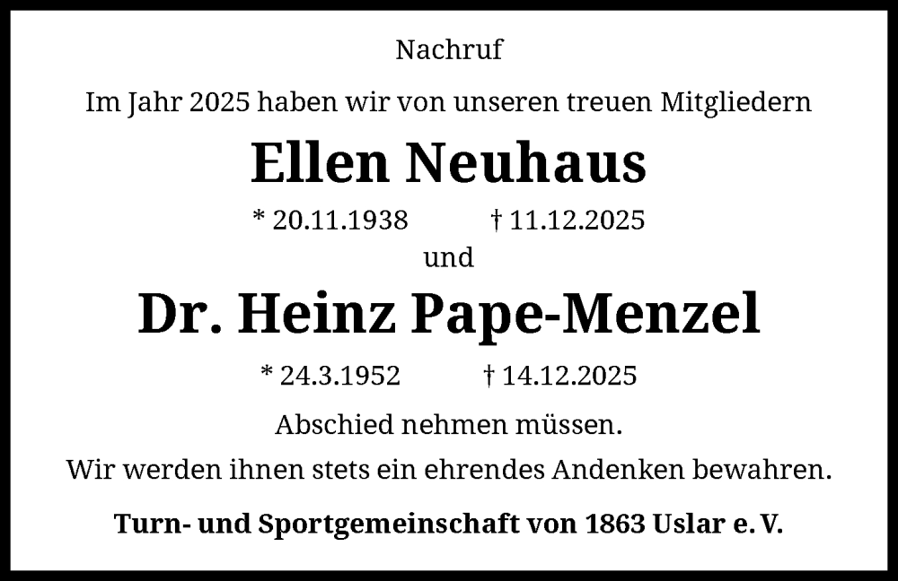  Traueranzeige für Sterbetafel vom 31.01.2026 vom 31.01.2026 aus HNA