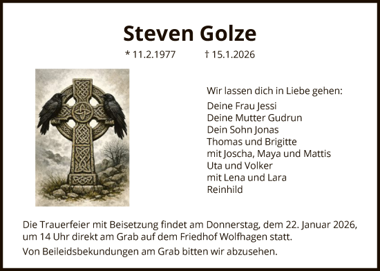 Traueranzeige von Steven Golze von HNA