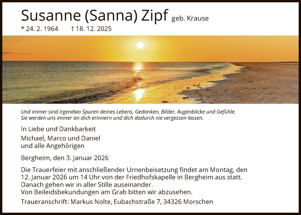  Traueranzeige für Susanne Zipf vom 03.01.2026 aus HNA