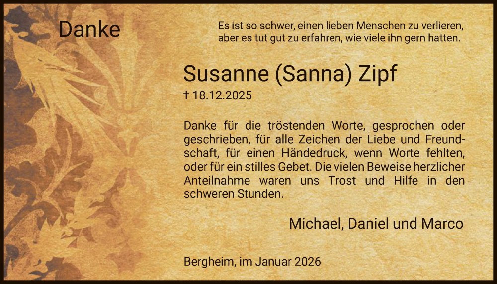  Traueranzeige für Susanne Zipf vom 24.01.2026 aus HNA