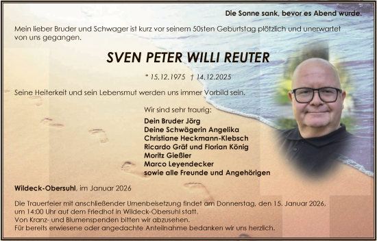 Traueranzeige von Sven Peter Willi Reuter von HNA