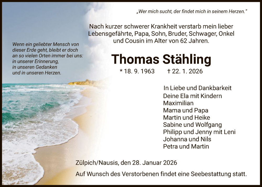  Traueranzeige für Thomas Stähling vom 28.01.2026 aus HNA