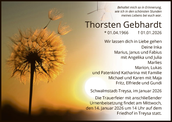 Traueranzeige von Thorsten Gebhardt von HNA