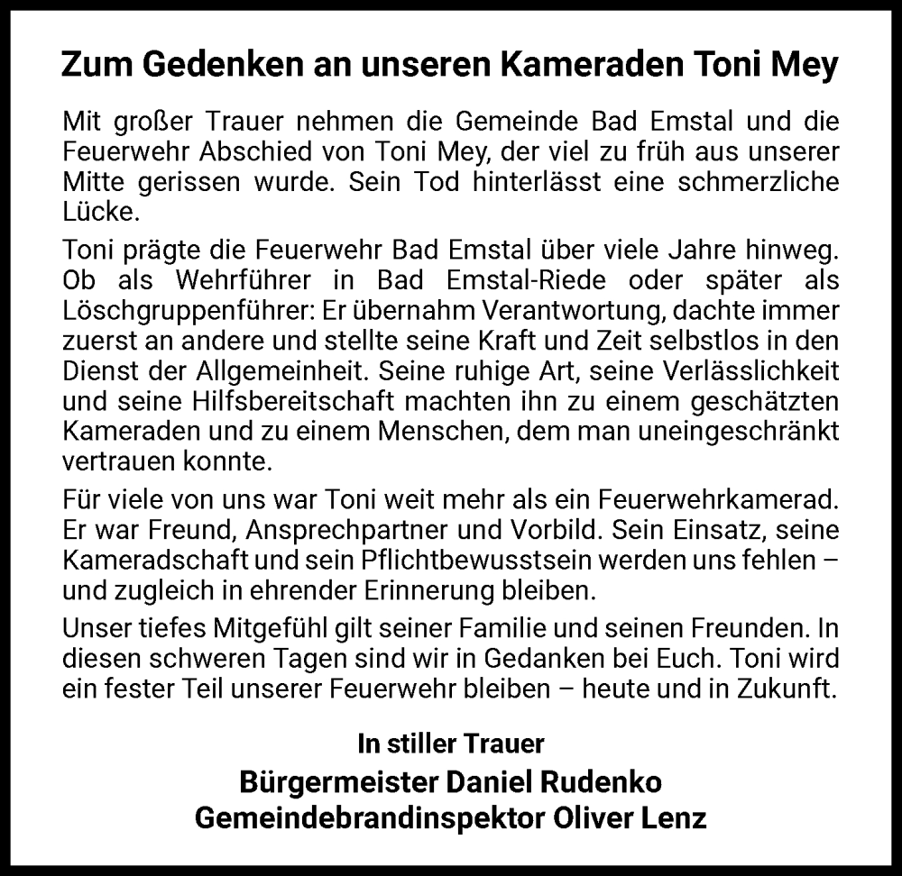  Traueranzeige für Toni Mey vom 31.01.2026 aus HNA