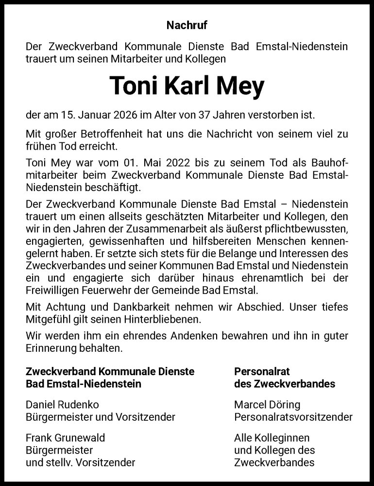  Traueranzeige für Toni Karl Mey vom 31.01.2026 aus HNAHNA