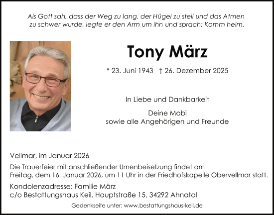 Traueranzeige von Tony März von HNA