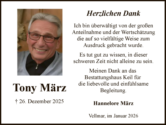 Traueranzeige von Tony März von HNA