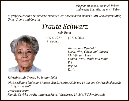 Traueranzeige von Traute Schwarz von HNA