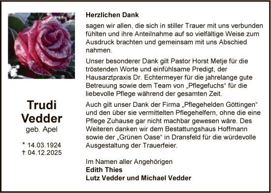 Traueranzeige von Trudi Vedder von HNA