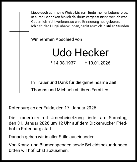 Traueranzeige von Udo Hecker von HNAHN