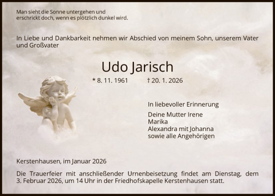 Traueranzeige von Udo Jarisch von HNA