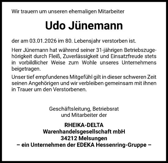 Traueranzeige von Udo Jünemann von HNA