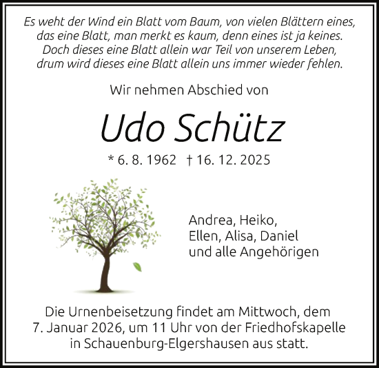 Traueranzeige von Udo Schütz von HNA