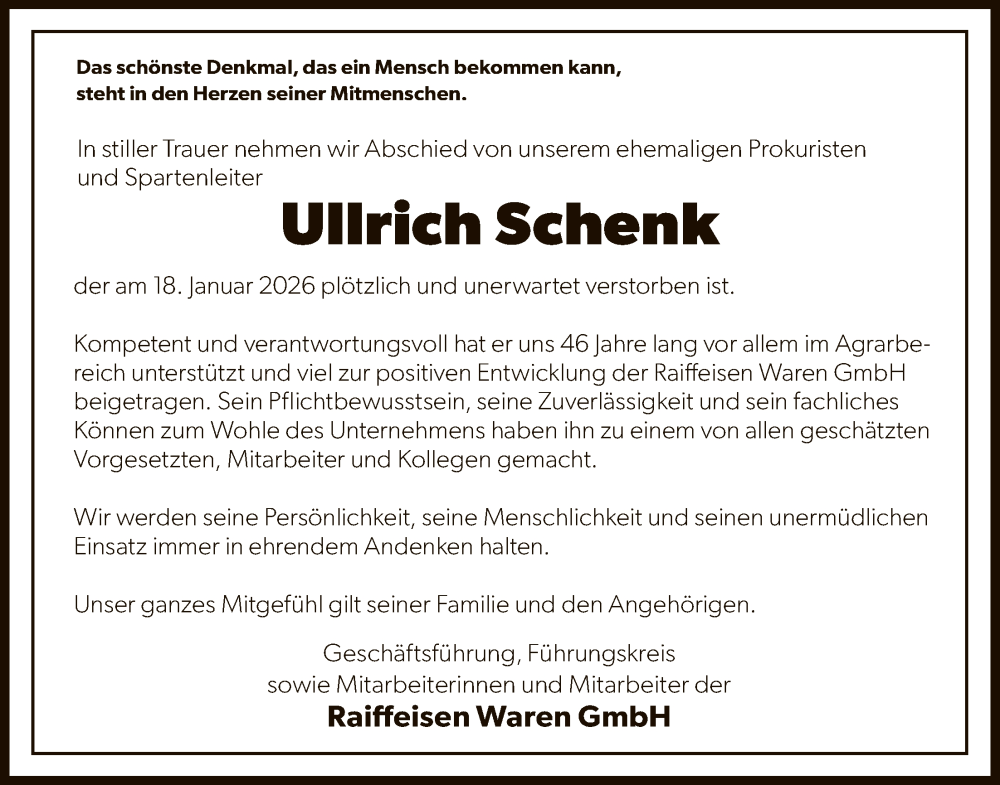  Traueranzeige für Ullrich Schenk vom 24.01.2026 aus HNAHNA