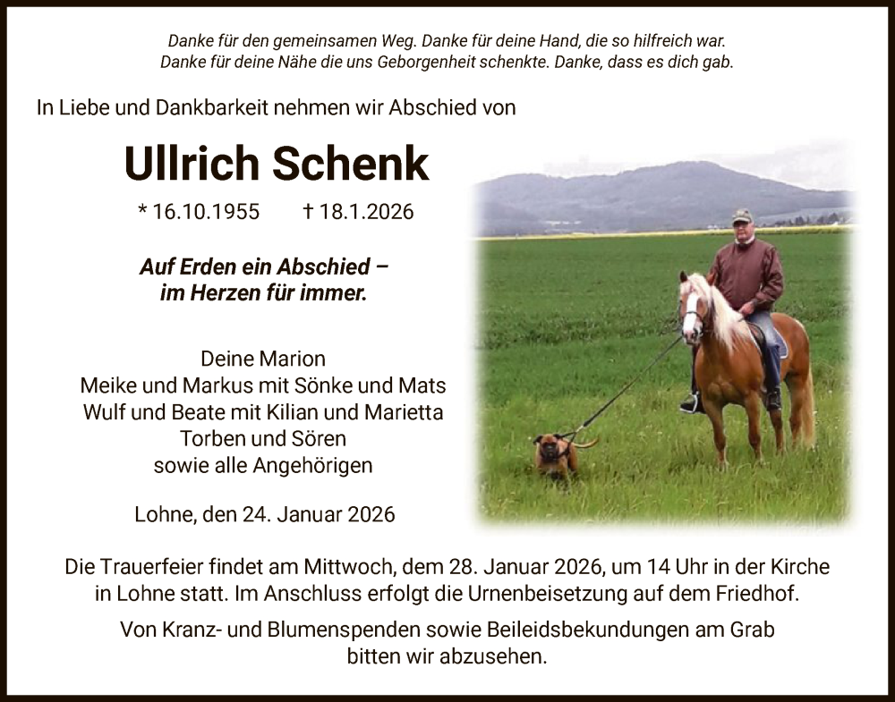  Traueranzeige für Ullrich Schenk vom 24.01.2026 aus HNAHNA