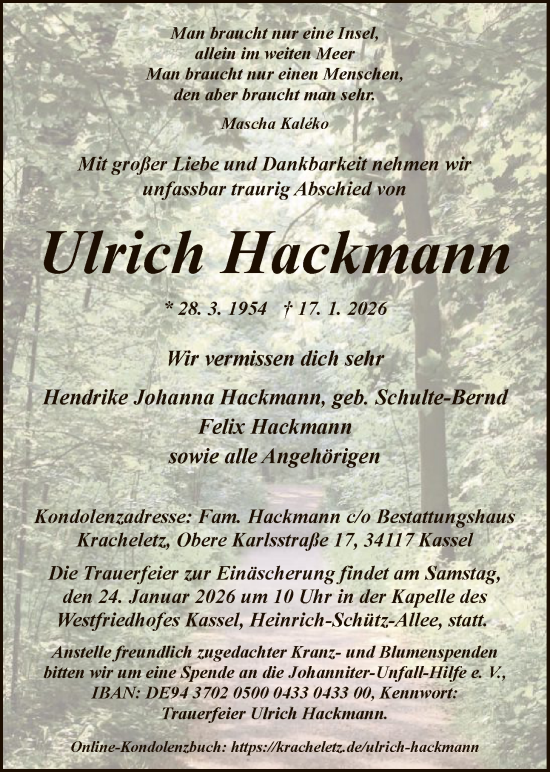 Traueranzeige von Ulrich Hackmann von HNA