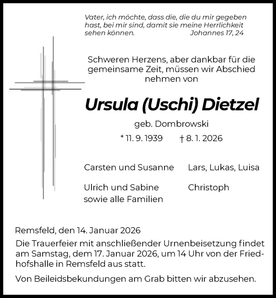 Traueranzeige von Ursula Dietzel von HNA