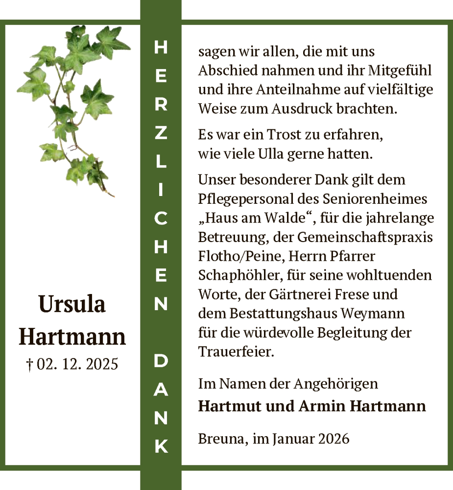 Traueranzeige für Ursula Hartmann vom 17.01.2026 aus HNA