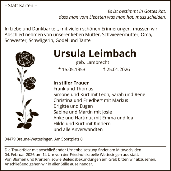 Traueranzeige von Ursula Leimbach von HNA