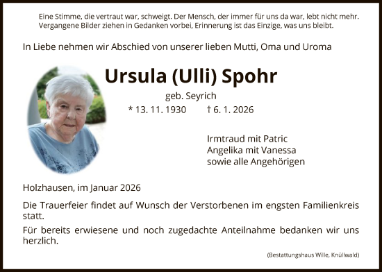 Traueranzeige von Ursula Spohr von HNA