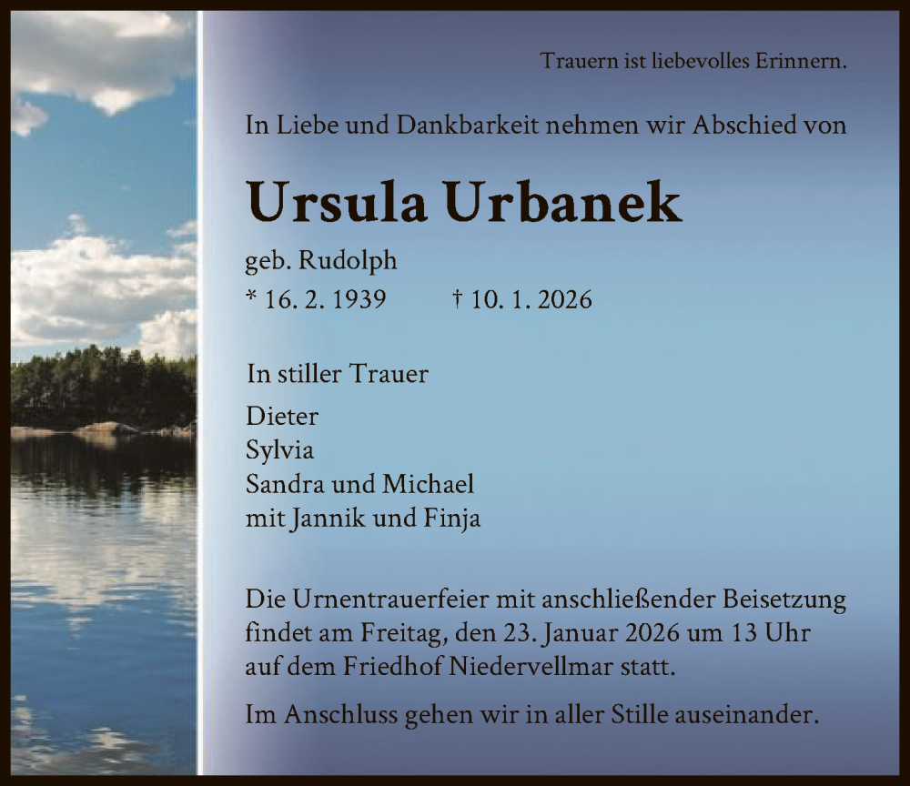  Traueranzeige für Ursula Urbanek vom 17.01.2026 aus HNA
