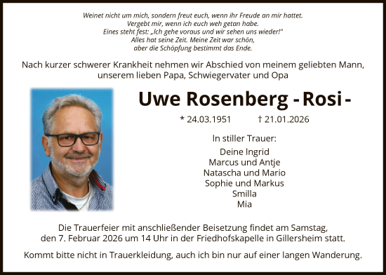 Traueranzeige von Uwe Rosenberg von HNA