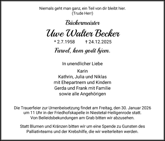 Traueranzeige von Uwe Walter Becker von HNA