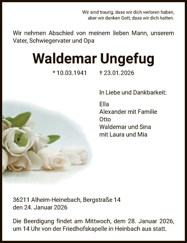  Traueranzeige für Waldemar Ungefug vom 24.01.2026 aus HNA