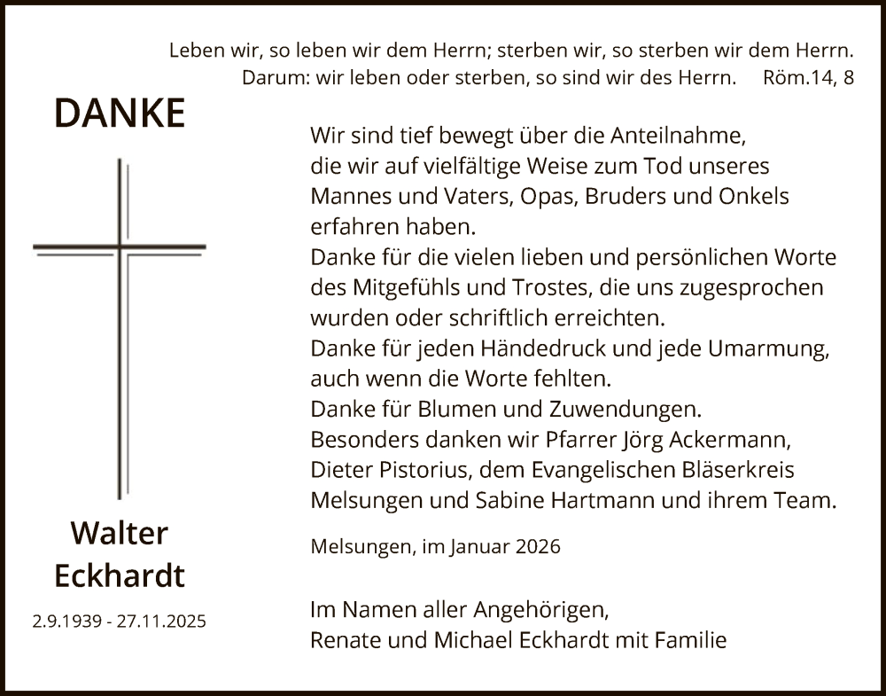  Traueranzeige für Walter Eckhardt vom 17.01.2026 aus HNA
