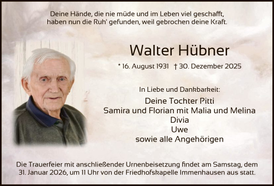 Traueranzeige von Walter Hübner von HNHNA
