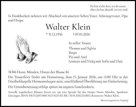 Traueranzeige von Walter Klein von HNA