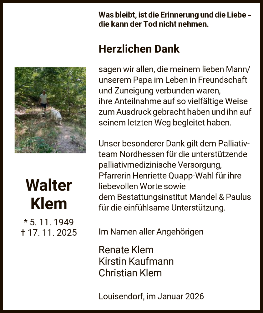  Traueranzeige für Walter Klem vom 17.01.2026 aus HNA