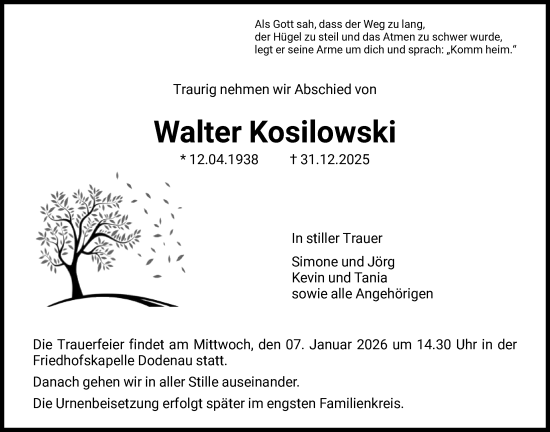 Traueranzeige von Walter Kosilowski von HNA