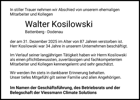 Traueranzeige von Walter Kosilowski von HNA