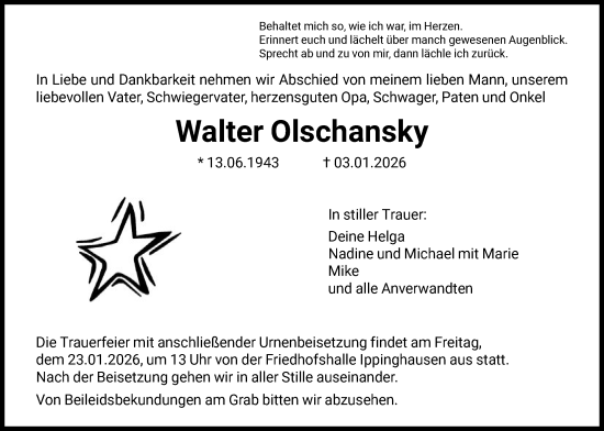 Traueranzeige von Walter Olschansky von HNA