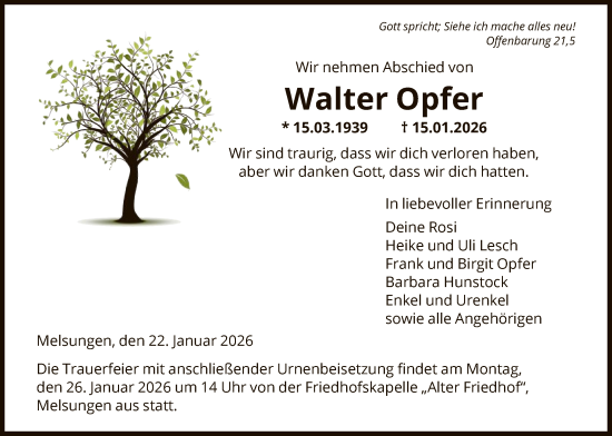 Traueranzeige von Walter Opfer von HNA