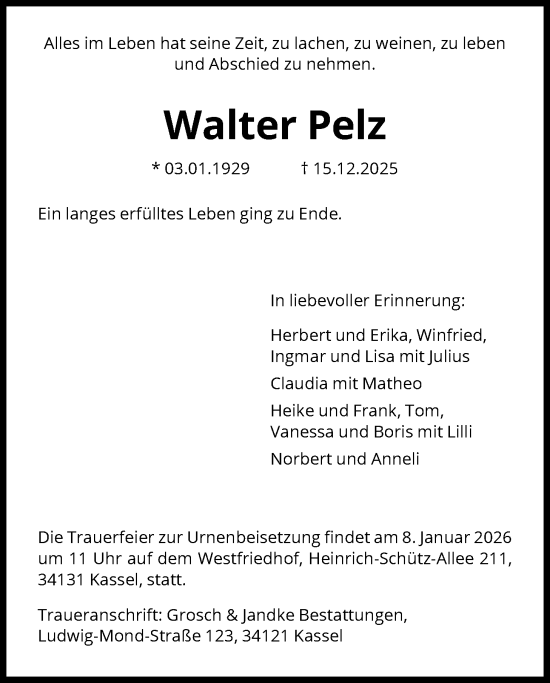 Traueranzeige von Walter Pelz von HNA