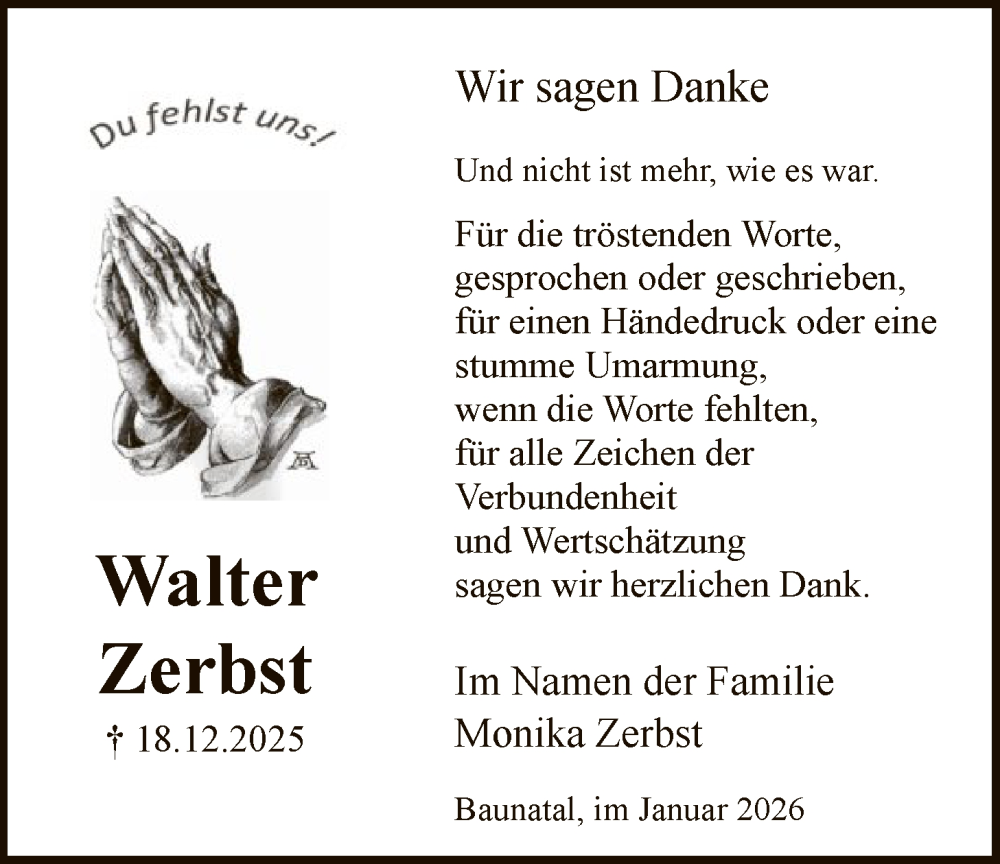  Traueranzeige für Walter Zerbst vom 17.01.2026 aus HNA
