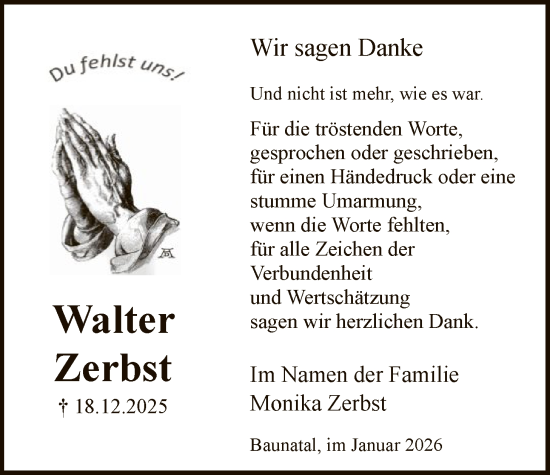 Traueranzeige von Walter Zerbst von HNA