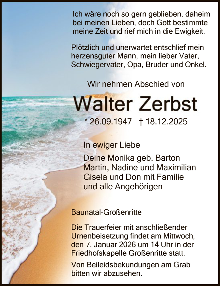 Traueranzeige für Walter Zerbst vom 03.01.2026 aus HNA