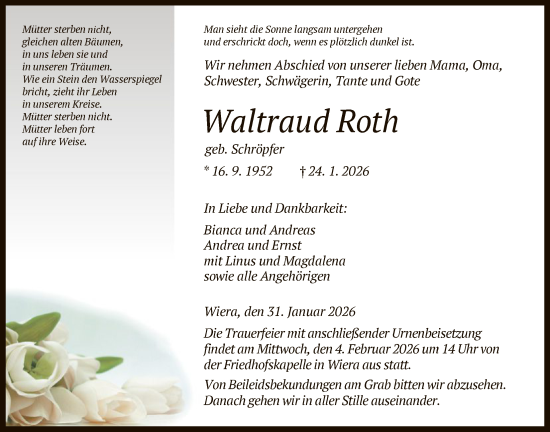 Traueranzeige von Waltraud Roth von HNA