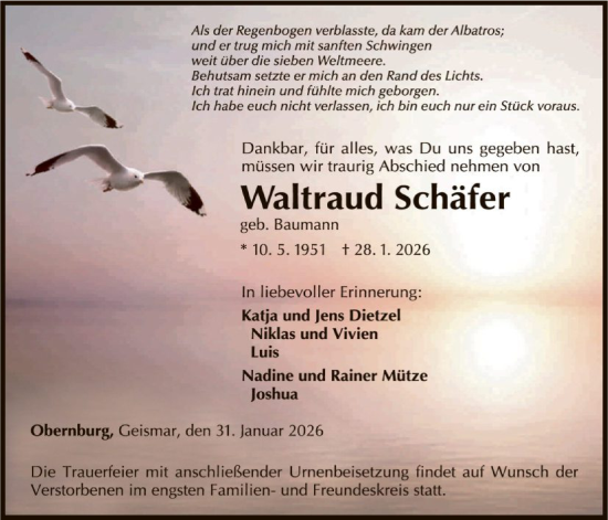 Traueranzeige von Waltraud Schäfer von WLZHNA