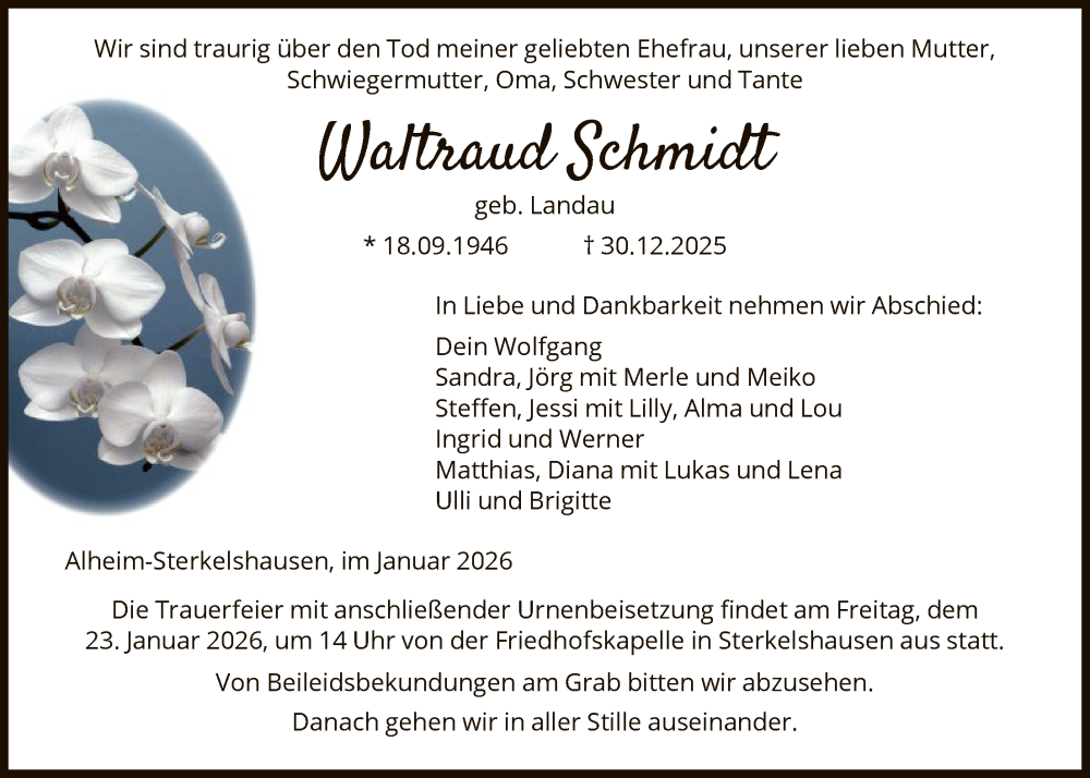  Traueranzeige für Waltraud Schmidt vom 17.01.2026 aus HNHNA