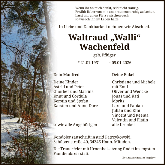 Traueranzeige von Waltraud Wachenfeld von HNA