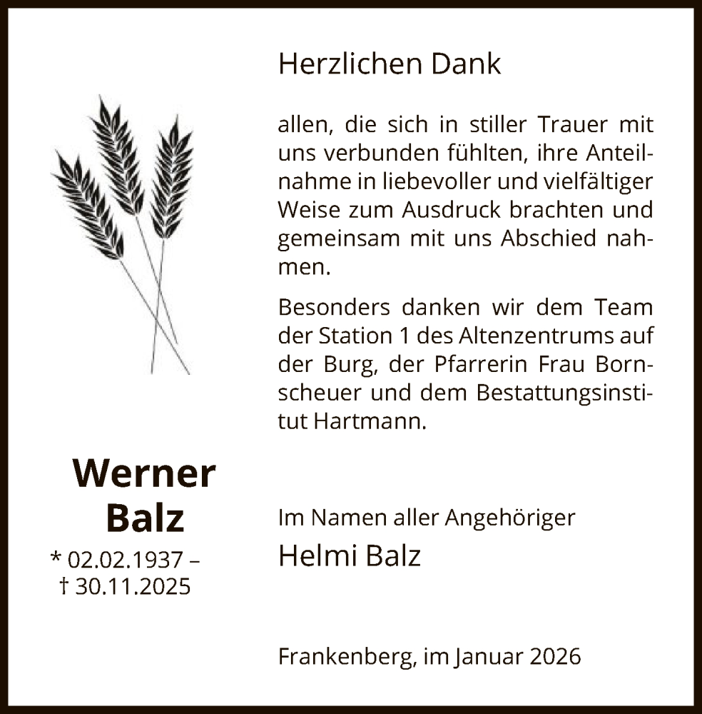  Traueranzeige für Werner Balz vom 10.01.2026 aus HNA