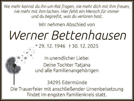 Traueranzeige von Werner Bettenhausen von HNAHNA