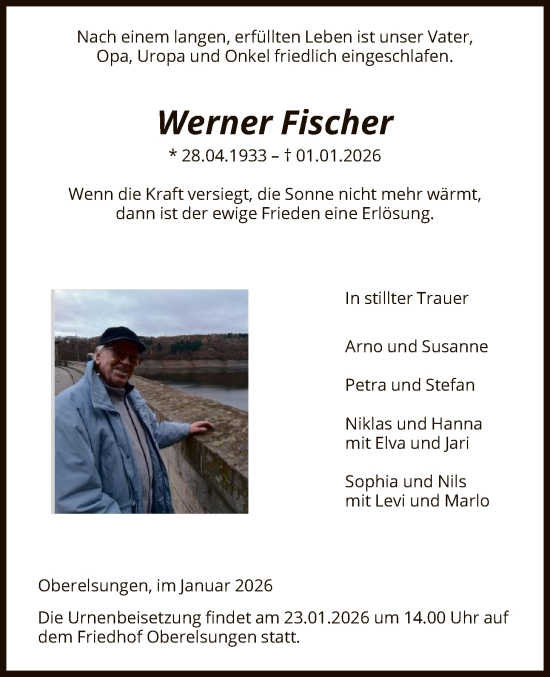 Traueranzeige von Werner Fischer von HNA